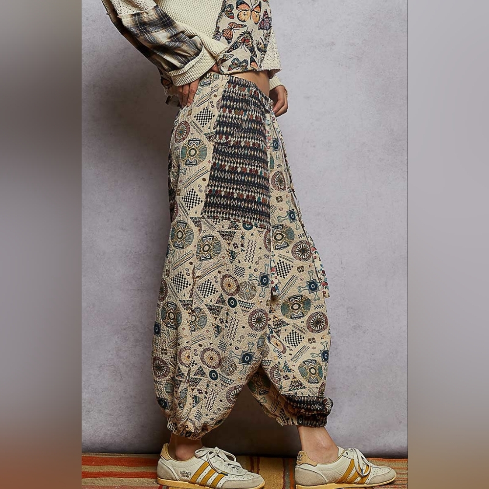 POL Beige Printed Boho Patchwork Harem Pants NWT - image 2